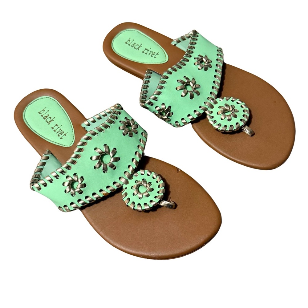 Black Rivet Light/ Sage Green Mint and Gold Jack Rogers Look alike Sandals Sz 8
